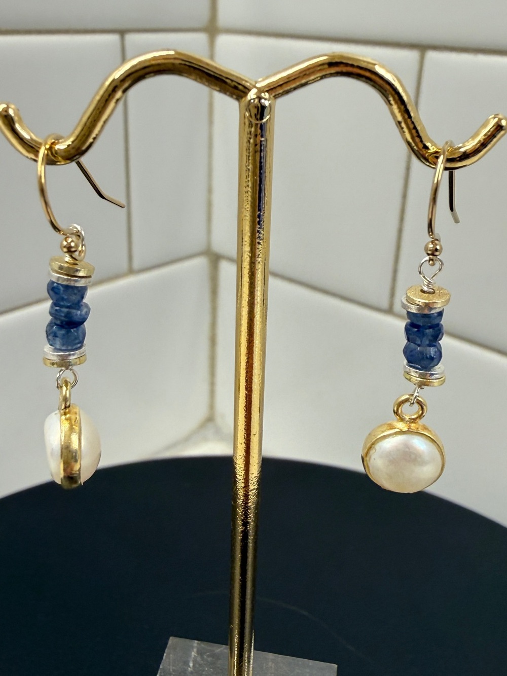 Anne Vaughn Designs Freshwater Pearl Drop Earrings with Blue Bead Accents